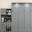 Grand lit gris avec rangement, support à vin, porte-verre, tiroirs et lumières à DEL, fonctionnel moderne pour les petits espaces de vie avec armoire de rangement, DEL multicolore, bon divertissement
