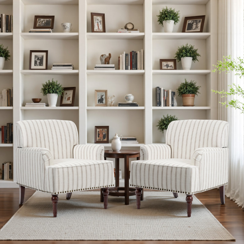 Iliana Upholstered Pinstripe Light Brown Cotton Blend Armchair with Solid Wood Legs and Nailhead Trim