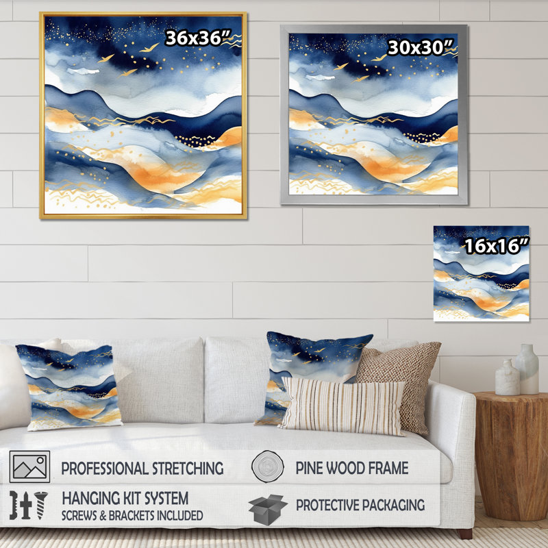 " Dark Blue And Gold Abstract IX ", 30" H x 30" W x 1" D, Black Single Picture Framed