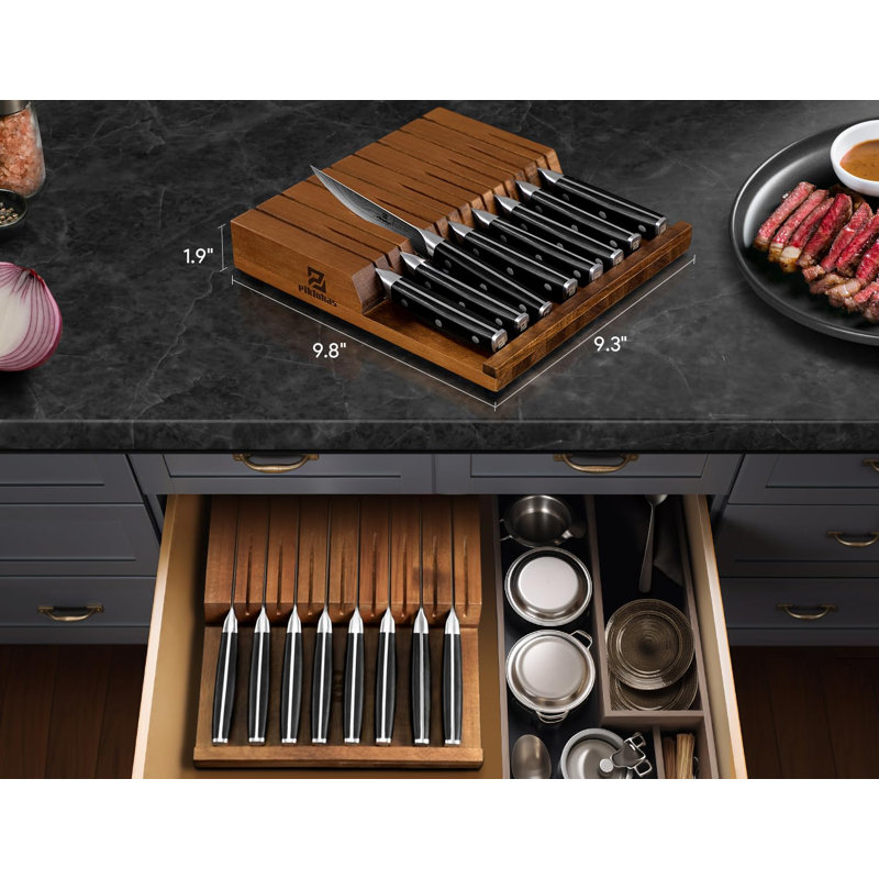 MODERN WALLS LLC Steak Knives Set Of 8 With Drawer Organizer, 4.5 Inch Non Serrated Dinner Knife, Forged German Steel Damascus Pattern Straight Edge Meat Knife With Full Tang Handle, Dishwasher Safe