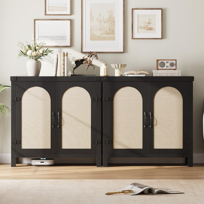 Buffet en rotin avec rangement spacieux, armoire de cuisine de style campagnard, station café en bois Boho, rangement polyvalent pour la salle à manger et le salon