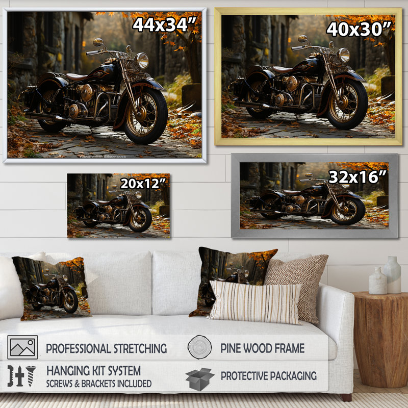 " Motorcycle Charm In Winter ", Black Picture Framed, 34" H x 44" W x 1.5" D