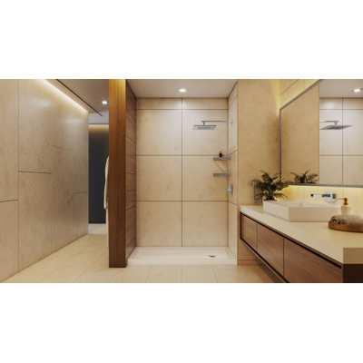DreamLine SlimLine 34 inch D x 60 inch W x 2 3/4 inch H Single Threshold Biscuit Alcove Shower Base with 2 inch Chrome Right Round Drain