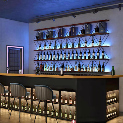 Support à vin mural, tablettes à barres en losange à 3 niveaux, tablette de rangement en métal industrielle et crochets pour verres à vin pour bar à domicile (70,86 x 7,87 x 32,7 po)
