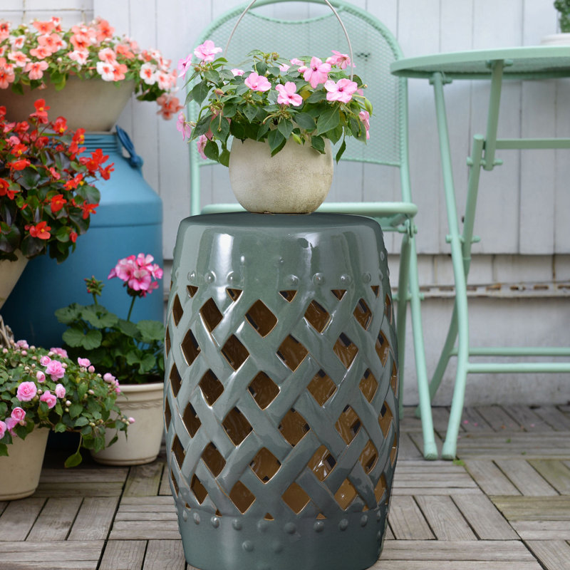 Tabouret en céramique avec design tissé, solide et stable, pour le salon de jardin extérieur, surface vitrée, meuble