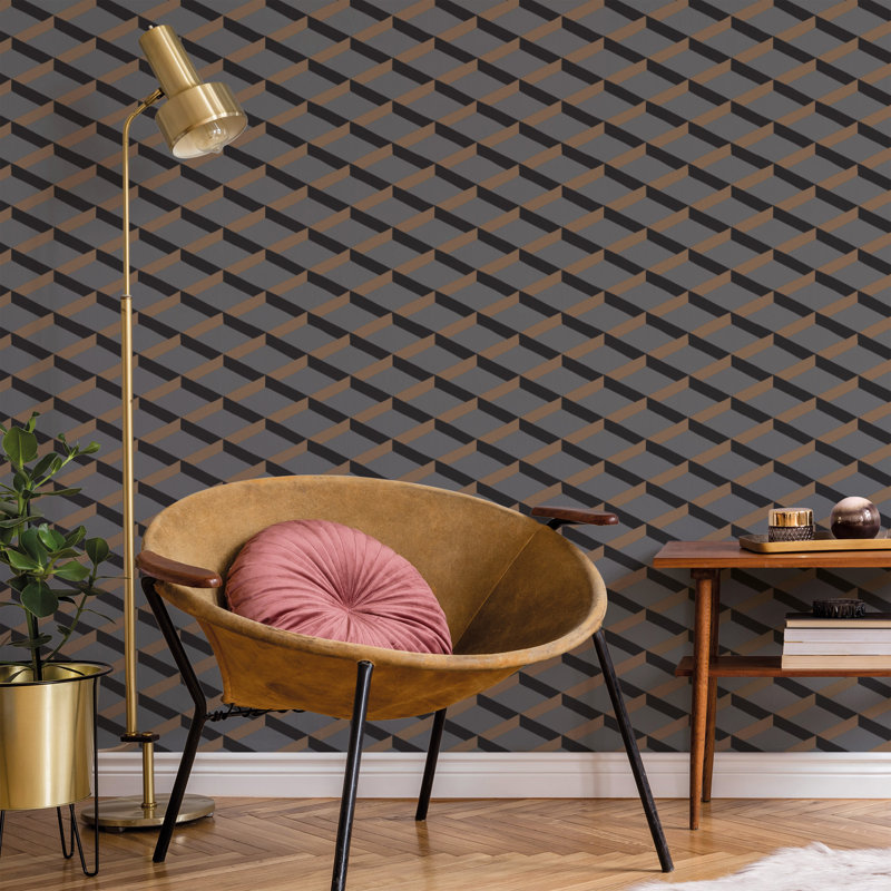 Luxe Shadow Trellis Wallpaper, Tan/Grey