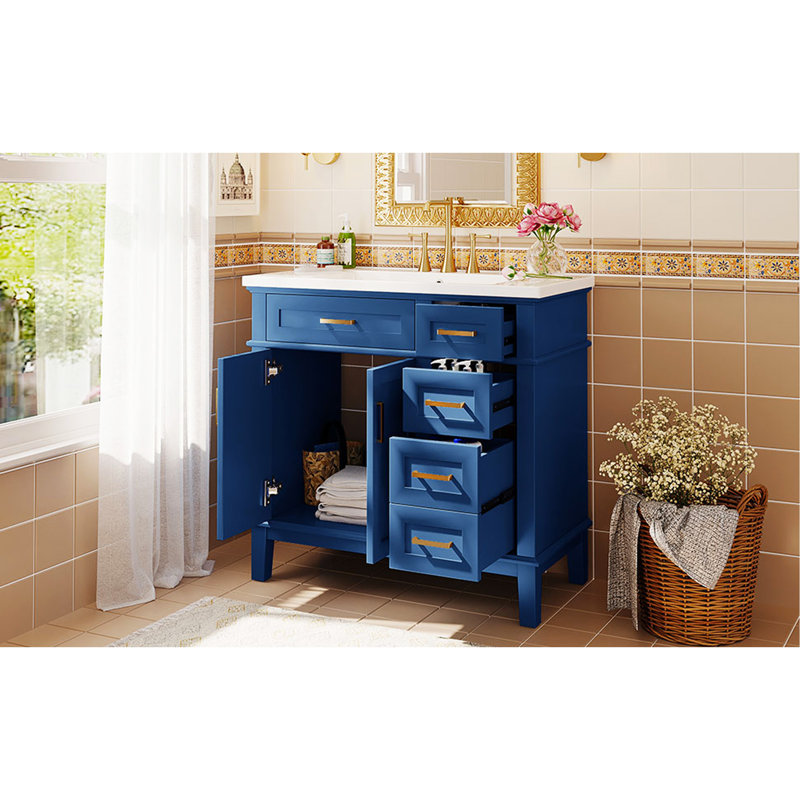 Meuble-lavabo élégant avec lavabo en résine et grand espace de rangement, Bleu