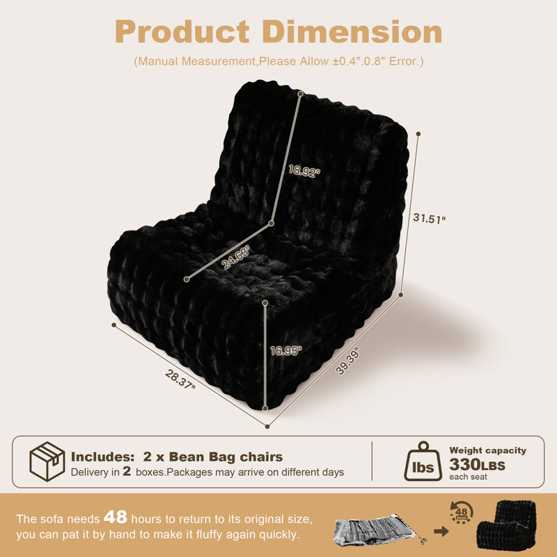 Fauteuil à billes 28,37 po, sans méridienne, sans méridienne (ensemble de 2, Noir