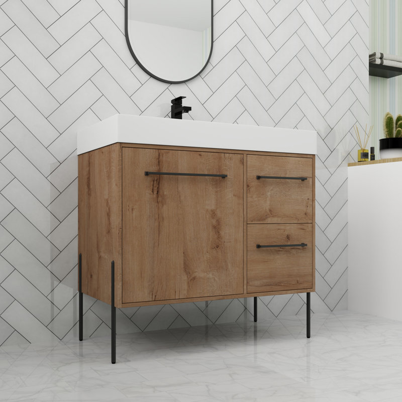 Meuble-lavabo de 36 po avec lavabo en résine, meuble-lavabo autoportant avec porte à fermeture en douceur et tiroirs