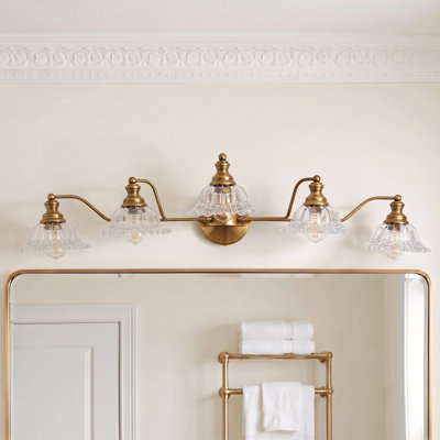 Applique murale 5 lumières pour salle de bain rétro en laiton antique avec abat-jour en verre transparent