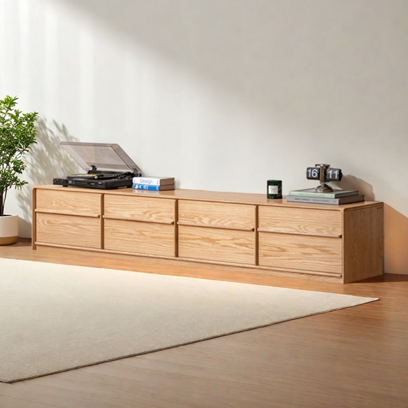 Solid Oak TV Stand with 4 Drawers, 17.32"H x 94.48"L x 15.75"W
