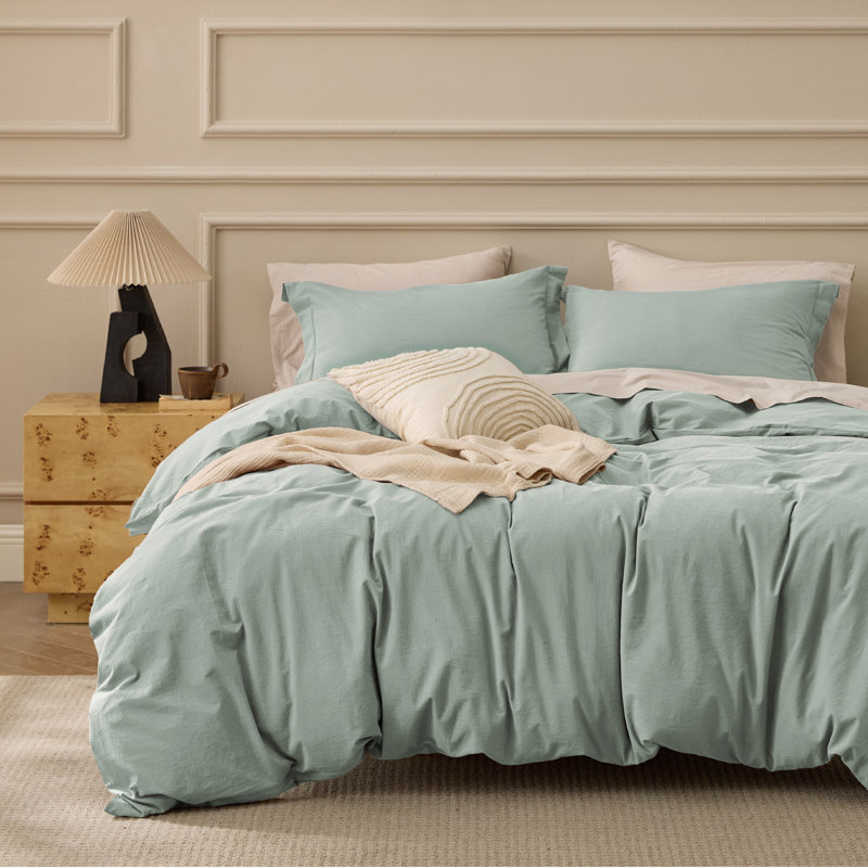 Bedsure 100% Washed Cotton Duvet Cover Queen Set - Minimalist Cotton Beding Set For All Season（set of 3）, Sage Green