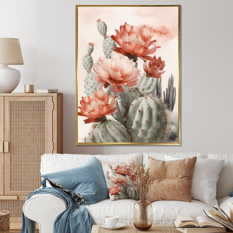 Cactus du désert rouge Louver sur toile, H 32 po x l 16 po, Cadre flottant doré
