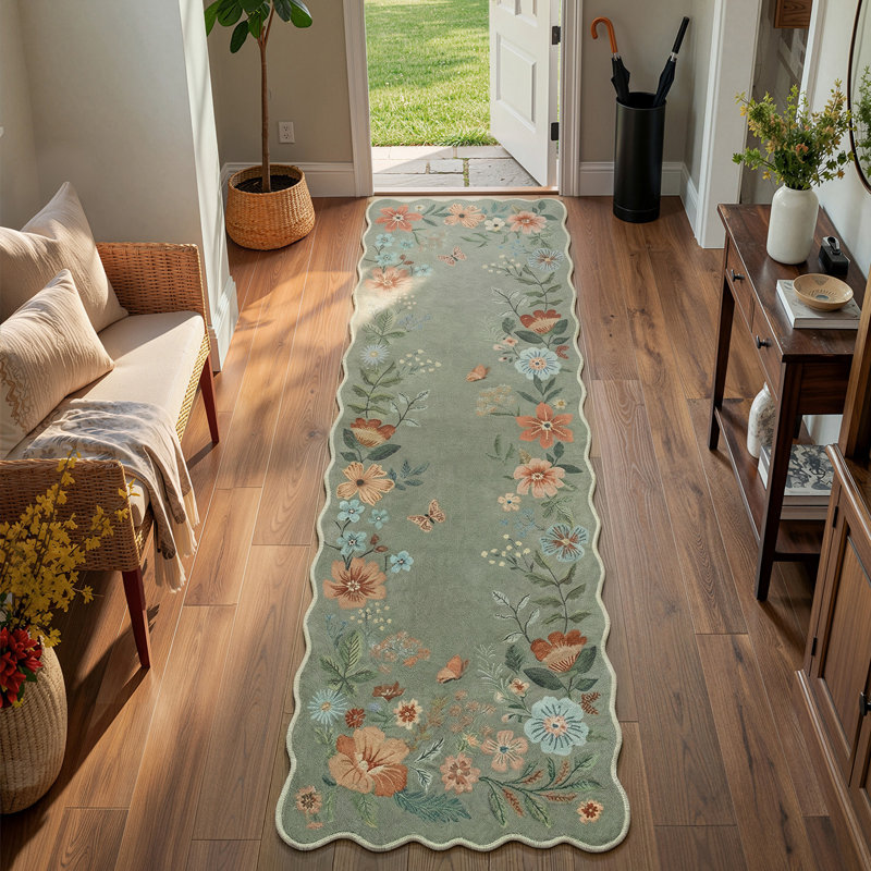  Garbrand Machine Washable Floral Botanical Green Runner Rug with Non-Slip Backing for Living Room, Dining Room, Bedroom