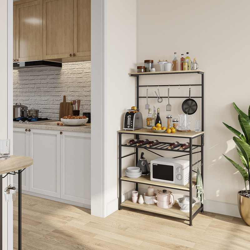 Étagère de boulanger standard en acier de 31,5 po avec micro-ondes Beene, Noir / chêne clair