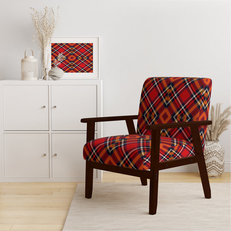 Toviah Polyester Blend Upholstered Armchair, Red/Orange/Dark Blue Polyester, Brown Square Arms