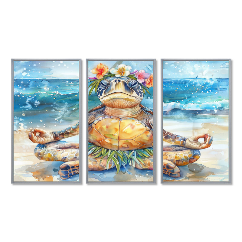 Ensemble d'art mural Saligurar - Tortue, Toile argentée avec cadre flottant, H 32 po x l 48 po x P 1 po