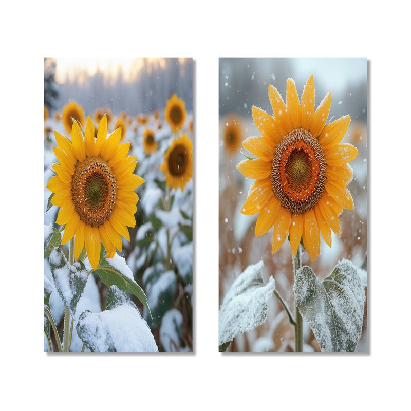 Tournesols champêtres dans une basse-cour enneigée II, H 32 po x l 32 po