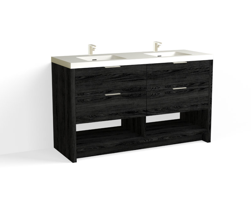 Vue 60" W Freestanding Double Bathroom Vanity, Matte White/8" Widespread, White Nanomatte, Satin Brass
