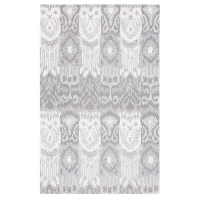 Tapis ivoire / gris en laine / coton touffeté à la main Ikat