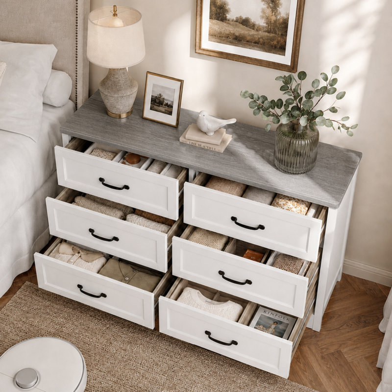 Commode double en bois moderne à 6 tiroirs l 47,2 po Migneco avec poignées en métal et tiroirs coulissants, Gris / Blanc