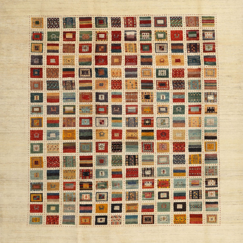 Tapis beige/jaune/rouge contemporaine, Carré 8 pi