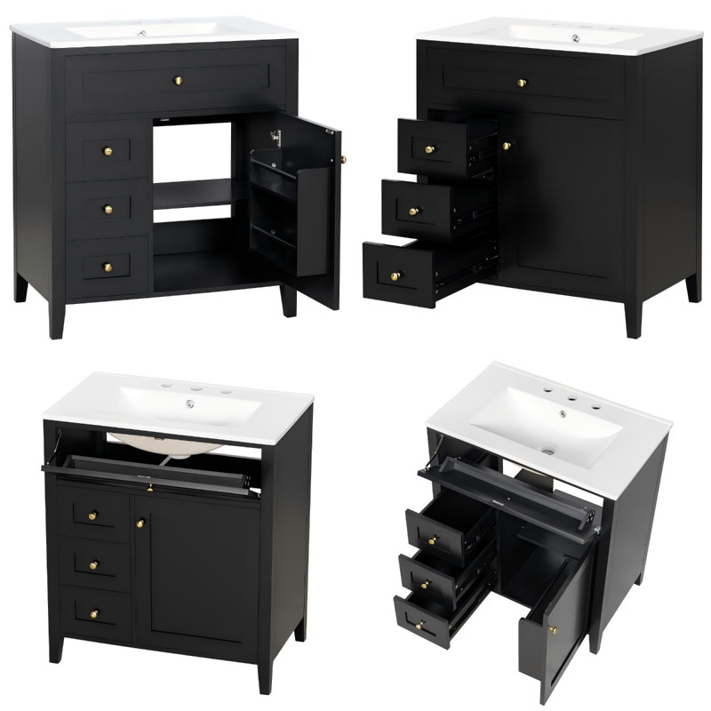 Meuble-lavabo moderne avec lavabo, 3 tiroirs et tablette réglable, Black/Gold