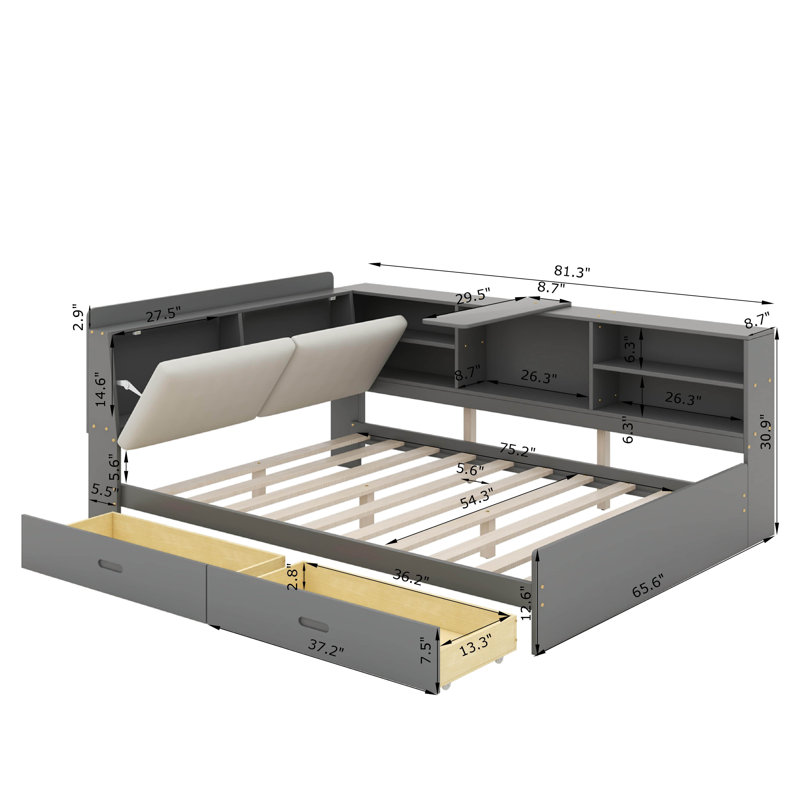 Lit plateforme en bois avec tête de lit, tablettes et 2 tiroirs, Gris