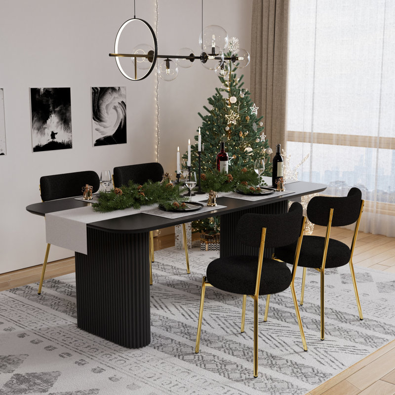 Ensemble de salle à manger rectangulaire à double piédestal avec table de salle à manger de style crème, Noir et or, 5
