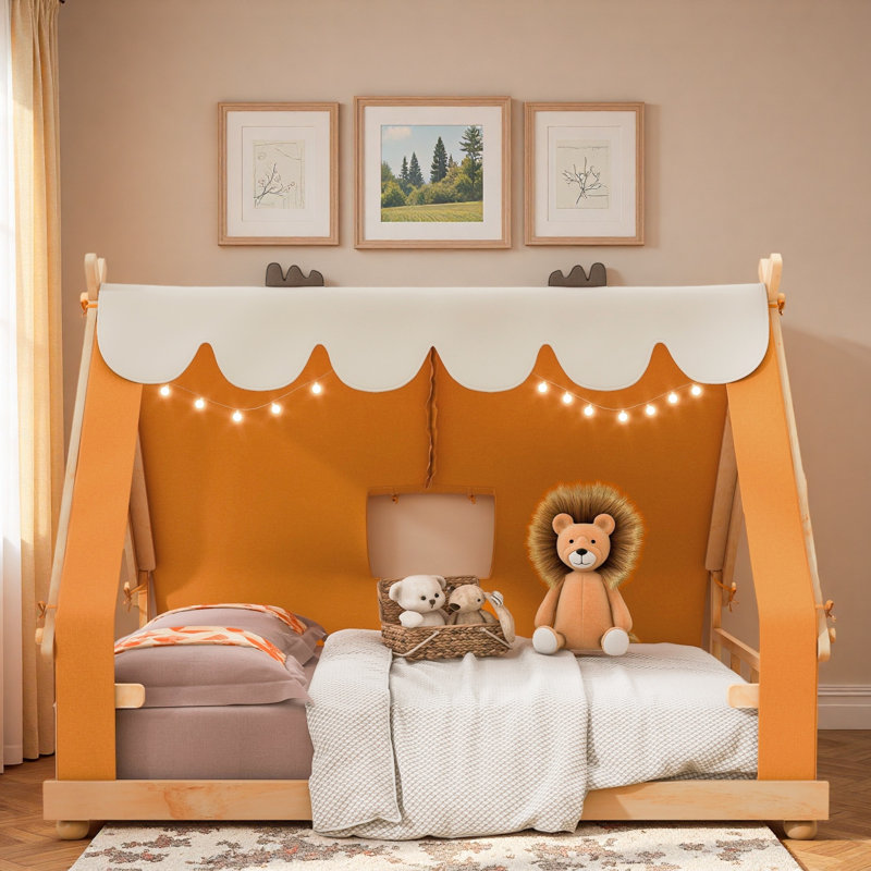 Lit maison avec tente et lumière, Double, Brun
