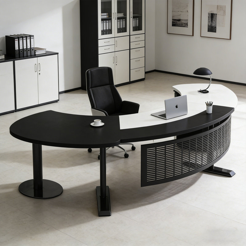 Bureau blanc minimaliste irrégulier avec plateau incurvé, rangement multifonctionnel et structure stable, Blanc