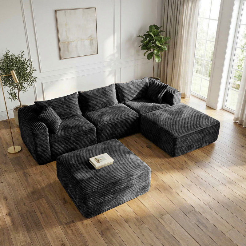 108'' Corduroy Black Sofas Cloud Modular Sectional , Deep Seat, L and U Shape Soft Frame Design Couch with 2 Ottomans for Living Room
