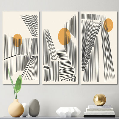Pleine lune, montagne, paysage abstrait rétro III, ensemble d'art moderne Mid-Century de 3 pièces