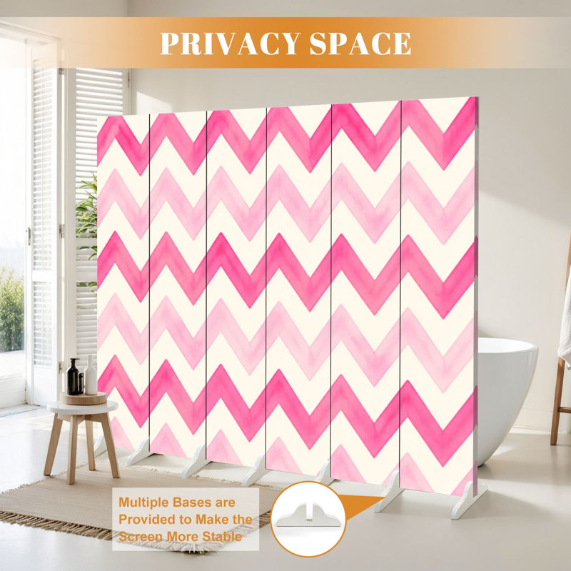Paravent 6 panneaux à cloison pliable en toile à zigzag rose royal, 6, 71" H x 96" W x 1" D