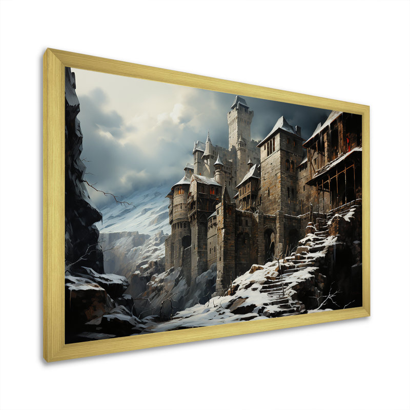 Mediaval château en hiver charme IV - Châteaux, art mural, Cadre doré à coins fermés, H 12 po x l 20 po x P 1 po