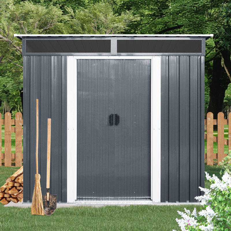 8Ft X 4Ft Outdoor Metal Storage Shed With Window And Metal Foundation For Backyard, Patio, Lawn (Black And White)