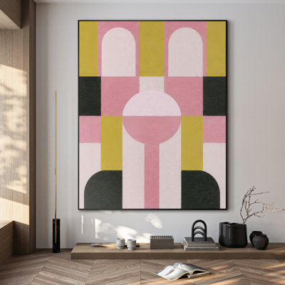 Très grand art mural imprimé sur tissu - Arches géométriques modernes dans des tons roses et moutarde pour le salon ou la chambre à coucher - «Assemblage requis du cadre (cadre non fini)»