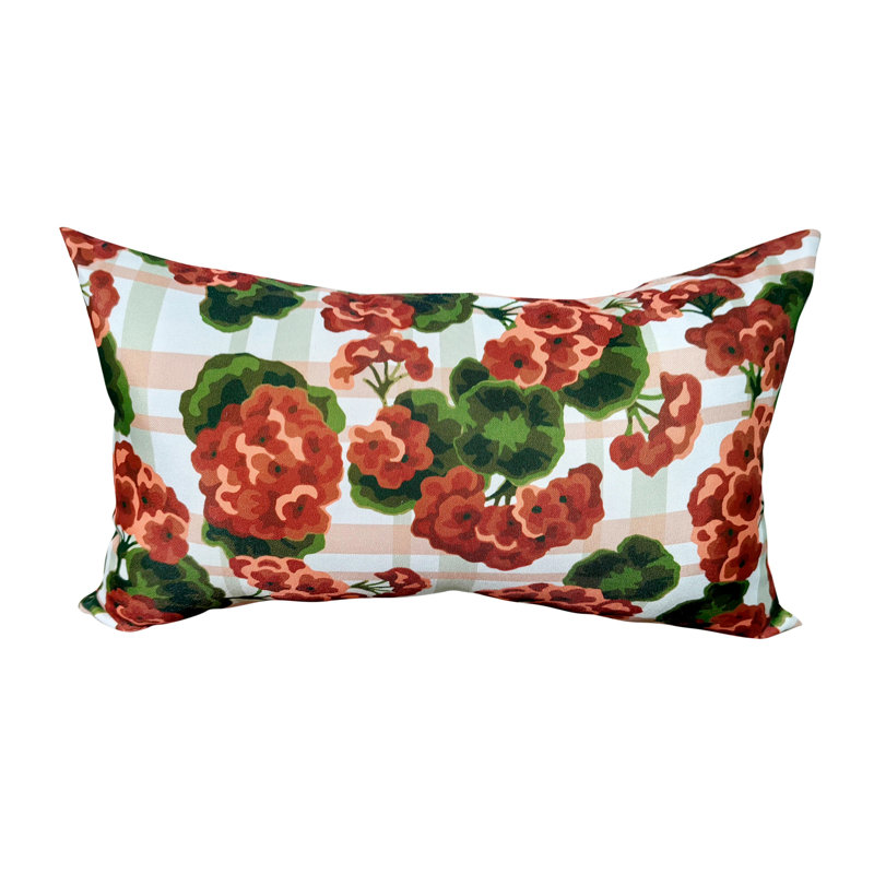 Country Geranium Classic Outdoor Lumbar Throw Pillow, 19in., White/Green/Pink Floral, Rectangle 6"H x 19"W
