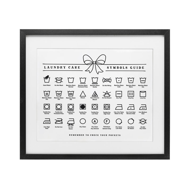 «Laundry Care Symbols Guide», impression encadrée sous verre, design avec lettres et doublure, H 13 po x l 16 po