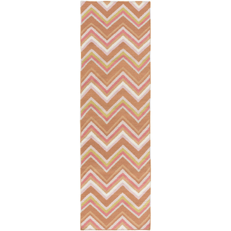 Tapis brun / rose / vert en laine tissé à la main Diego, Tapis de couloir 2 pi 6 po x 8 pi