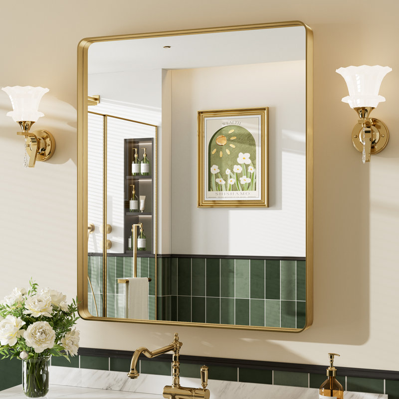Miroir de salle de bain mural Llesenia, 36 po x 30 po, Or brossé, Rectangulaire