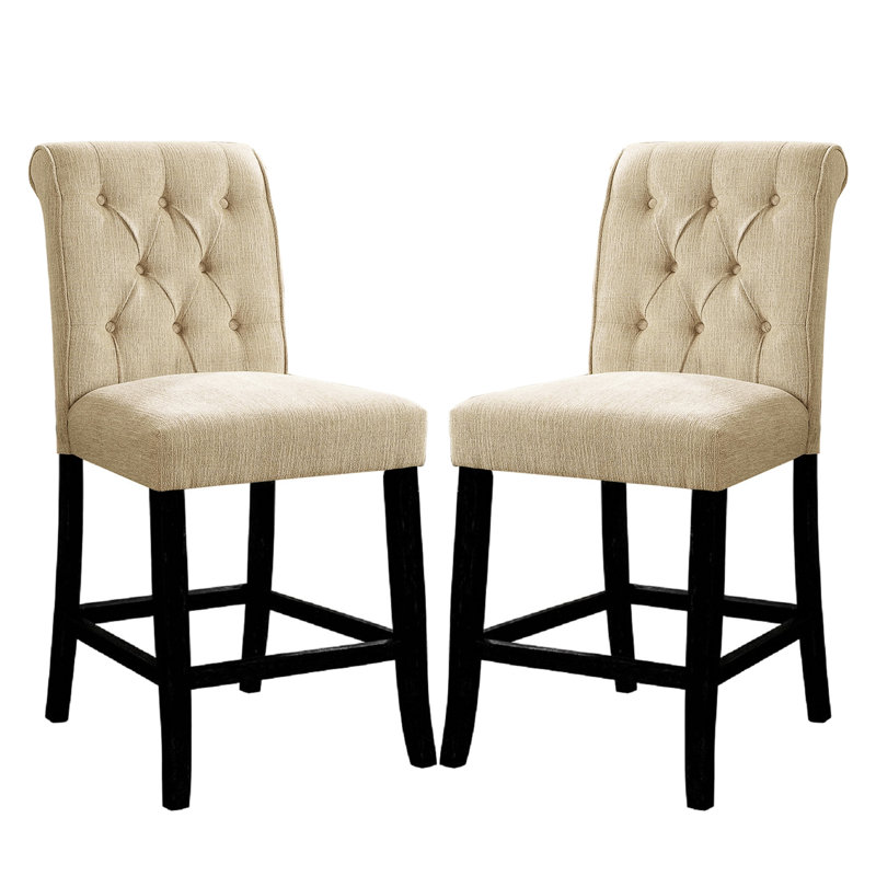 2 chaises de salle à manger en chenille beige et noir antique, dossier à volutes, boutons, fabrication en bois massif pour la zone et 2, utilisation dans la pièce