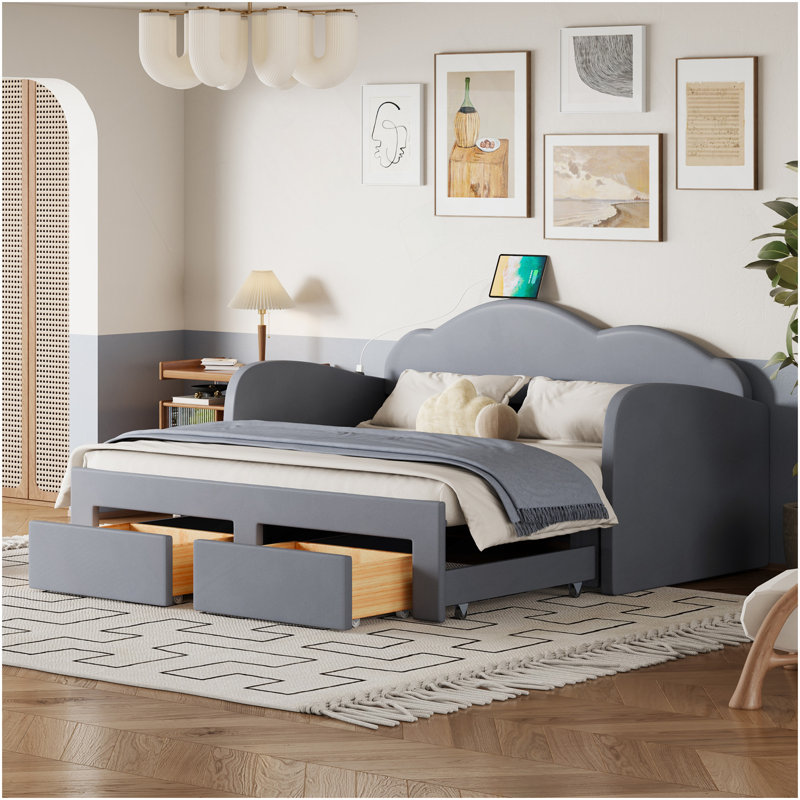 Lit de jour simple avec dossier en forme de nuage, lit gigogne 2 tiroirs et ports USB, gris, Gris