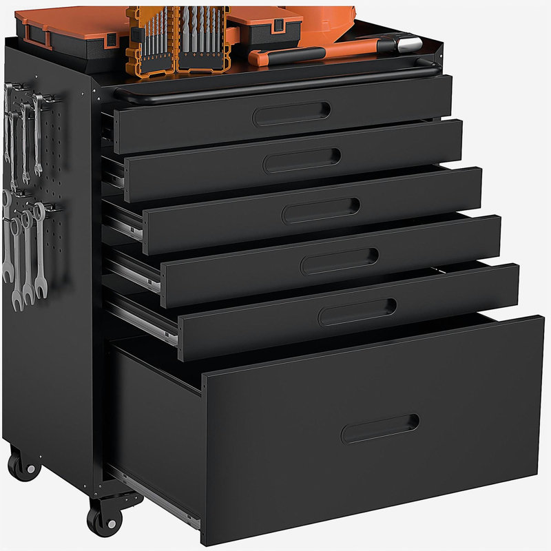 Coffre à outils roulant 34,3 po avec 6 tiroirs - Organisateur de garage mobile, tous les tiroirs pour les petites pièces et les outils, fabrication en acier robuste
