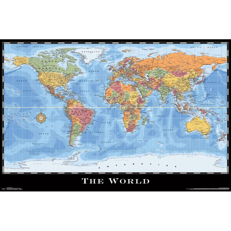 Carte du monde - Impression sur papier, Toile tendue, H 22,25 po x l 34 po x P 0,05 po