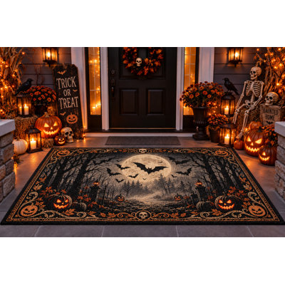 Tapis d'extérieur Halloween 152 x 213 cm, Château de la pleine lune et chauves-souris, tapis épais en PVC imperméable à boucles, tapis intérieur/extérieur résistant à séchage rapide pour porche, terrasse, balcon et entrée