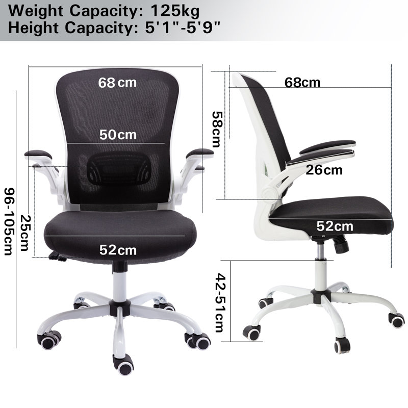 52 cm Wide Ergonomic Mesh Task Swivel Office Chair With Adjustable Support and Padded Armrests, Black