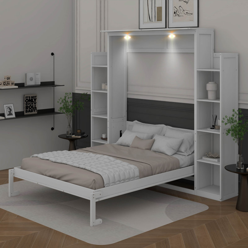 Grand lit escamotable avec tablettes et DEL, Blanc