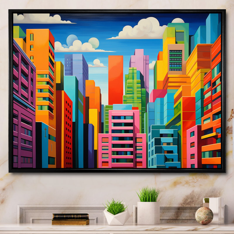 Pop Art Miami Cityscape III, reproduction d'art sur toile, Cadre flottant noir, H 34 po x l 44 po x P 1,5 po