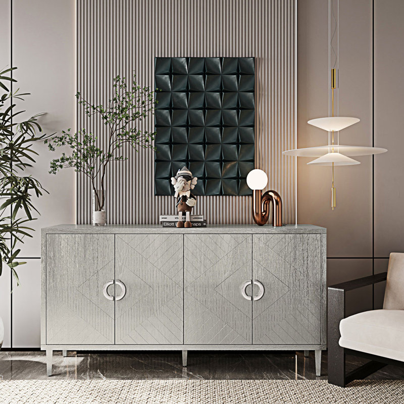 Stylish and Functional 4-Door Storage Cabinet with Pine Legs and MDF, for Living Room Bedroom,and Kitchen, Champagne